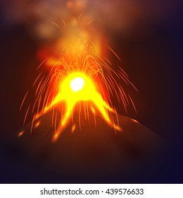 Eruption volcano vector illustation. Red lava flowing from the mountain.