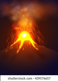 Eruption volcano vector illustation. Red lava flowing from the mountain. Vertical format.