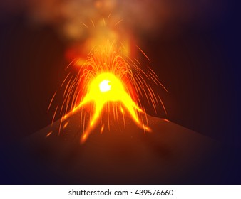 Eruption volcano vector illustation. Red lava flowing from the mountain.