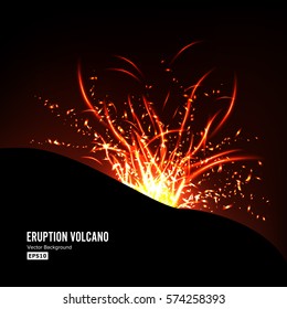 Eruption Volcano Vector. Thunderstorm Sparks. Big And Heavy Explosion From The Mountain. Spewing Glowing Red Hot Lava.