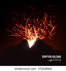 Eruption Volcano Vector. Thunderstorm Sparks. Big And Heavy Explosion From The Mountain. Spewing Glowing Red Hot Lava.