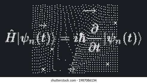 Erwin Schrodinger's (or Schroedinger) linear partial differential equation that describes the quantum superposition state. Conceptual illustration of the particle field in pixel art style.