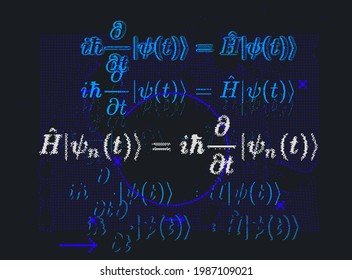 Erwin Schrodinger's (or Schroedinger) linear partial differential equation that describes the quantum superposition state. Conceptual illustration of the particle field in pixel art style.