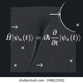 Erwin Schrodinger's (or Schroedinger) linear partial differential equation that describes the quantum superposition state. Conceptual illustration of the particle field in pixel art style.