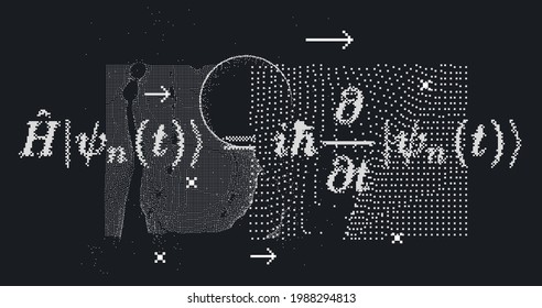 Erwin Schrodinger's (or Schroedinger) linear partial differential equation that describes the quantum superposition state. Conceptual illustration of the particle field in pixel art style.