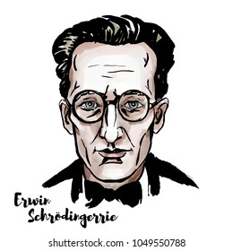 Erwin Schroedinger watercolor vector portrait with ink contours.