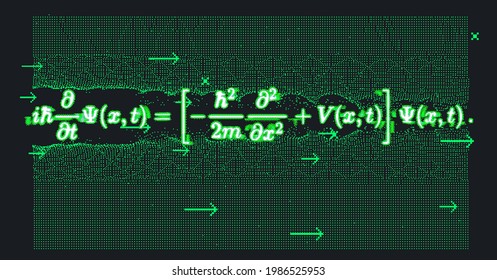 Erwin Schroedinger's linear partial differential equation that describes the wave function of a quantum-mechanical system. Abstract vector illustration with formula and particle field.