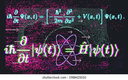 Erwin Schroedinger's linear partial differential equation that describes the wave function of a quantum-mechanical system. Abstract vector illustration with formula and particle field.