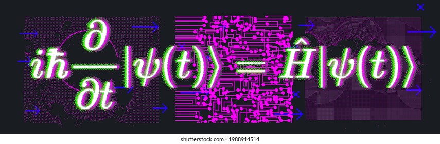 Erwin Schroedinger's linear partial differential equation that describes the wave function of a quantum-mechanical system. Abstract vector illustration with formula and particle field.