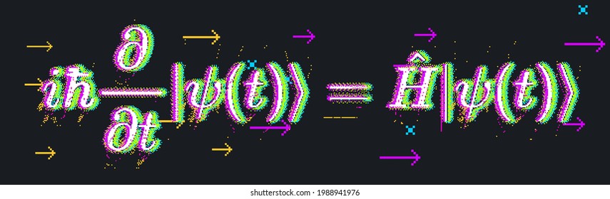 Erwin Schroedinger's linear partial differential equation that describes the wave function of a quantum-mechanical system. Abstract vector illustration with formula and particle field.