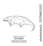 Eryops, an extinct, primitive, giant amphibian from the Carboniferous Period. Black and white line art illustration, perfect for coloring and educational purposes