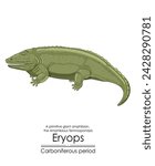 Eryops, an extinct, primitive, giant amphibian from the Carboniferous Period. Colorful illustration on a white background