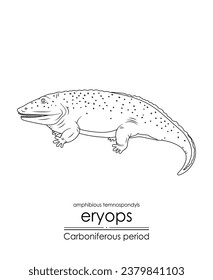 Eryops, un anfibio gigante extinto y primitivo del Periodo Carbonífero. Ilustración de arte de línea blanca y negra, perfecta para colorear y propósitos educativos