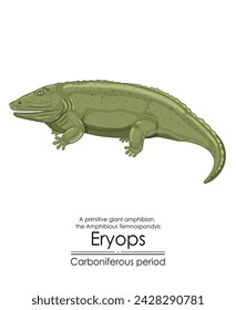 Eryops, an extinct, primitive, giant amphibian from the Carboniferous Period. Colorful illustration on a white background