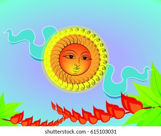 Erythrina variegata flowers and sun vector illustration. The dawn of the Sinhalese & Tamil New Year vector.
