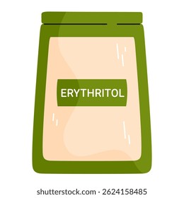 Eritritol em pacote verde. Edulcorante orgânico natural. Um substituto saudável do açúcar. Dieta saudável e produto favorável ao diabético. Ilustração vetorial em estilo cartoon. Isolado no branco.

