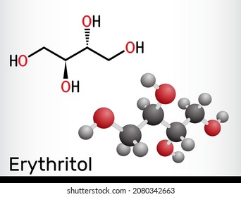 Erythritol molecule. It is sugar alcohol or polyol, food additive, sugar substitute, E968, Is found in algae, fungi, lichens. Structural chemical formula, molecule model. Vector illustration