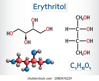 Erythritolmolekül. Es ist Zuckeralkohol oder Polyol, Lebensmittelzusatzstoff, Zuckerersatz, E968, Wird in Algen, Pilzen, Flechten gefunden. Strukturelle chemische Formel, Molekül-Modell. Vektorgrafik