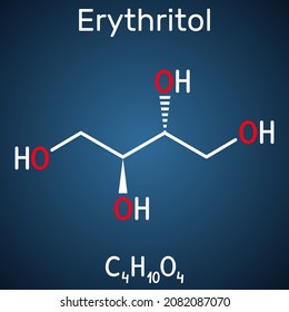 Erythritolmolekül. Es ist Zuckeralkohol oder Polyol, Lebensmittelzusatzstoff, Zuckerersatz, E968, Wird in Algen, Pilzen, Flechten gefunden. Strukturelle chemische Formel auf dunkelblauem Hintergrund. Vektorgrafik