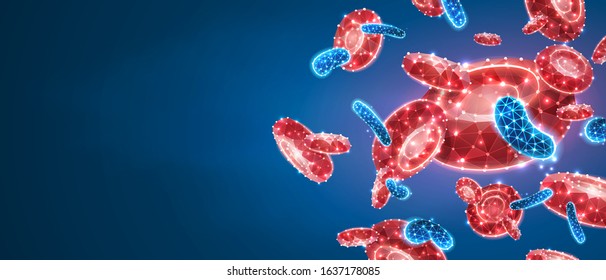 Erythrocytes or red blood cells. Human vascular system, microscopic cells world concept. Abstract polygonal image on blue neon background. Low poly, wireframe digital 3d vector illustration
