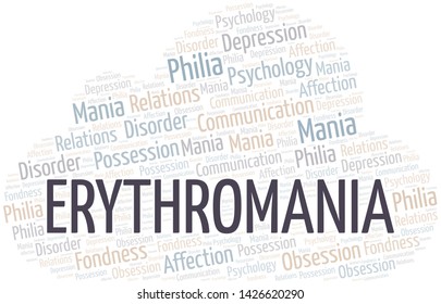Erythromania word cloud. Type of mania, made with text only.