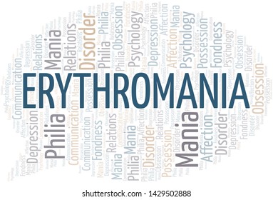 Erythromania word cloud. Type of mania, made with text only.