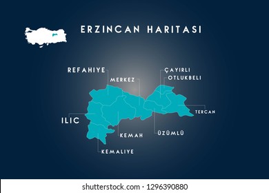 Erzincan districts refahiye, ilic, kemaliye, kemah, uzumlu, cayirli, otlukbeli, tercan  map, Turkey