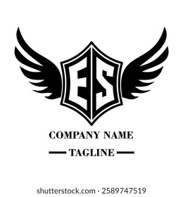 ES A bold winged shield emblem with customizable initials A-Z. Sleek black-and-white vector, perfect for branding, sports teams, motorcycle clubs, gaming,apparel and High-quality
