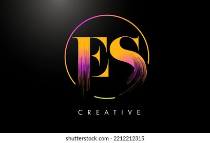 ES Brush Stroke Letter Logo Design. Orange Purple Paint Logo Leters Icon with Elegant Circle Vector Design.