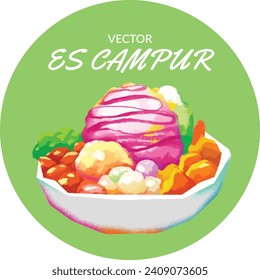 Es campur, Indonesian sweet and cold dessert. made from shaved ice, ice cream, fruits, milk and syrup vector illustration