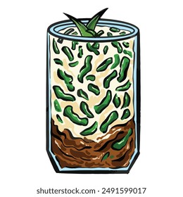 Es cendol indonesische traditionelle Dessert oder Getränk in Glaswaren Illustration isoliert auf quadratischem weißen Hintergrund. Einfache flache Cartoon-Kunst gestylte Zeichnung.