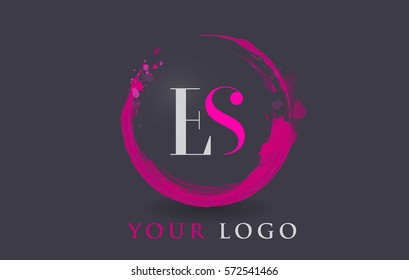 ES Circular Letter Brush Logo. Pink Brush with Splash Concept Design.