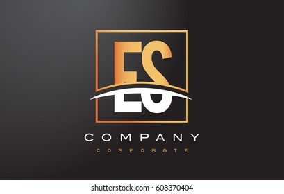 ES E S Golden Letter Logo Design with Swoosh and Rectangle Square Box Vector Design.