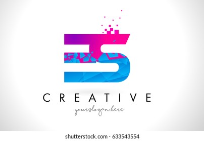 ES E S Letter Logo with Broken Shattered Blue Pink Triangles Texture Design Vector Illustration.