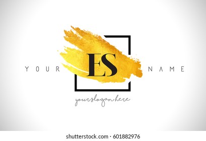 ES Golden Letter Logo Design with Creative Gold Brush Stroke and Black Frame.