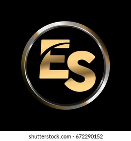 ES initial letter logo inside circle shape, ES inside o rounded lowercase logo gold silver