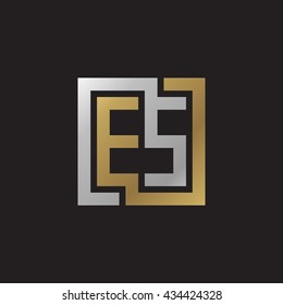 ES initial letters looping linked square elegant logo golden silver black background