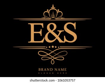 E&S Initial logo, Ampersand initial logo gold with crown and classic pattern