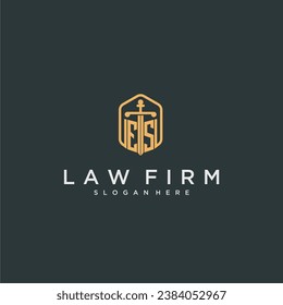 ES initial logo monogram with shield and sword style design for law firm