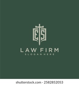 ES initial monogram for law firm with sword and shield logo image