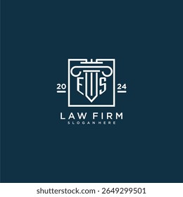 Logotipo do monograma inicial ES para escritório de advocacia com design de pilares em quadrado criativo