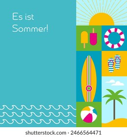 Es ist Sommer - Text in deutscher Sprache - It’s Summer. Sommerkarte mit Sonne, Meer, Palme, Surfbrett, Strand und Flip-Flops.