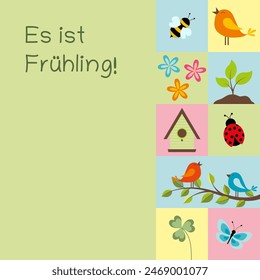 Es ist Frühling - text in German language - It’s Spring. Square card with spring symbols in pastel colors.