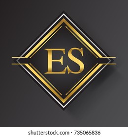 ES Letter logo in a square shape gold and silver colored geometric ornaments. Vector design template elements for your business or company identity.