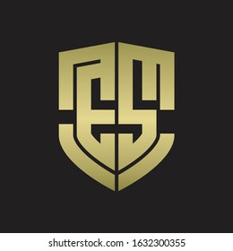 ES Logo monogram with emblem shield shape design isolated gold colors on black background
