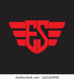 ES Logo monogram with emblem and wings element design template on red colors