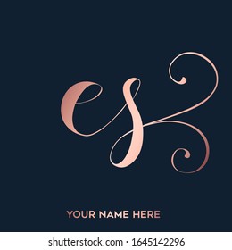 ES monogram logo.Elegant style typographic icon.Rose gold color lettering sign.Alphabet initials isolated on dark background.Lowercase luxury letter e and letter s.Beauty characters with swirls.