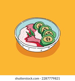 Es pisang ijo illustration. Bowl of ice cube, banana and coconut soup and pandan leaf. Vector illustration cartoon flat icon isolated on white plate.