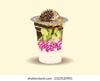 Es Podeng Indonesia Dessert , made from coconut milk shaved ice with avocado jelly , chocolate milk and sprinkles