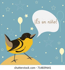 "Es un nino" means "It's a boy" in Spanish Language. Baby Boy Birth announcement. Cute Bird announces the arrival of a baby boy. From Baby Shower Collection. Vector Illustration.